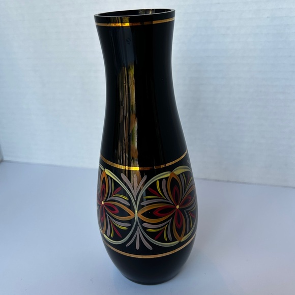 HYALITH Black Glass Vase Painted  Design Gold Bands 7.25 inches - Picture 7 of 10